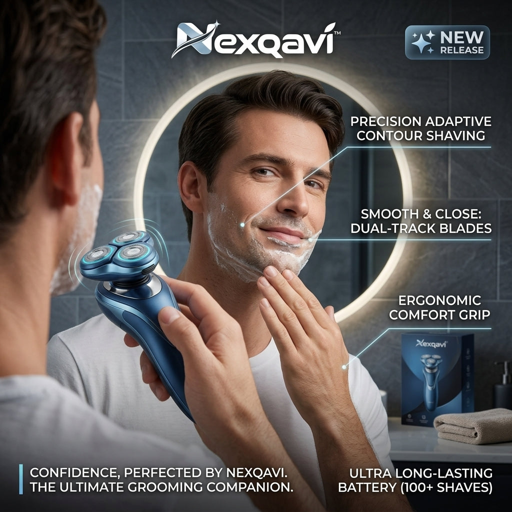 Nexqavi™ Precision Shaving System – 3D Rotary Electric Shaver for Men, Cordless Rechargeable Razor with Adaptive Contour Technology, Dual-Track Blades & Long-Lasting Battery, Ergonomic Grip (Metallic Ocean Blue)