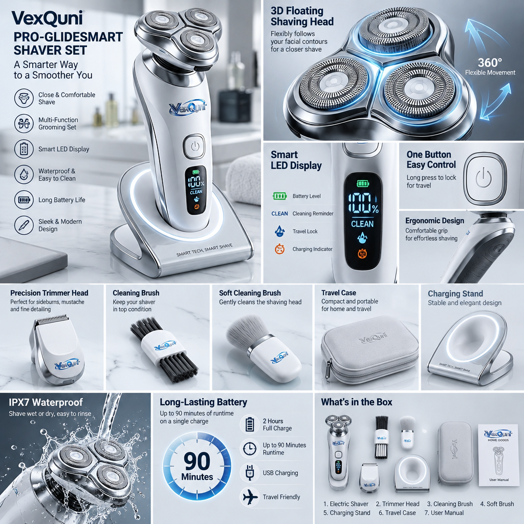 VexQuni™ Pro-GlideSmart Electric Shaver Set – 3D Rotary Razor with Smart LED Display, Illuminated Charging Stand, Precision Trimmer & Travel Case