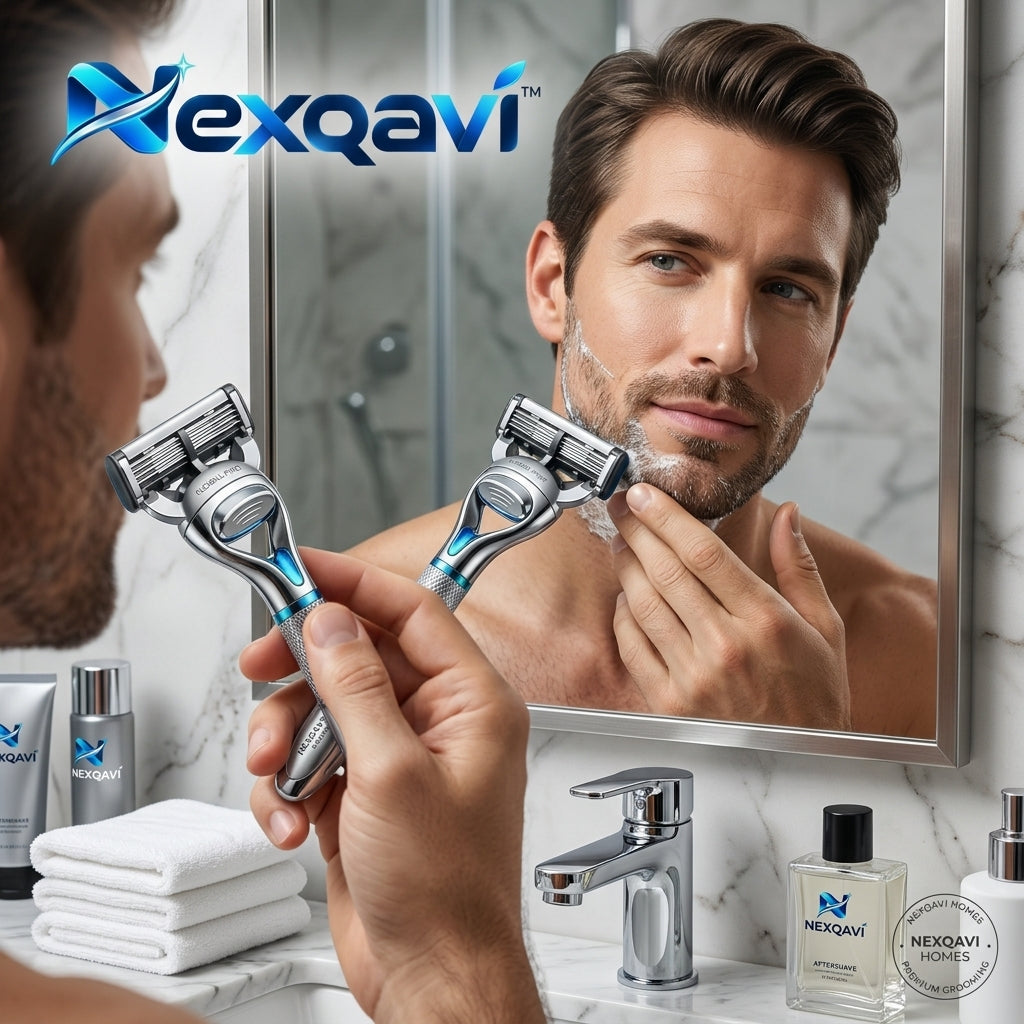 Nexqavi™ Precision Max 5-Blade Men’s Razor – Premium Weighted Metal Handle with Diamond-Knurled Grip & Flexible Pivot Head, Ultra-Close & Smooth Shave for Sensitive Skin