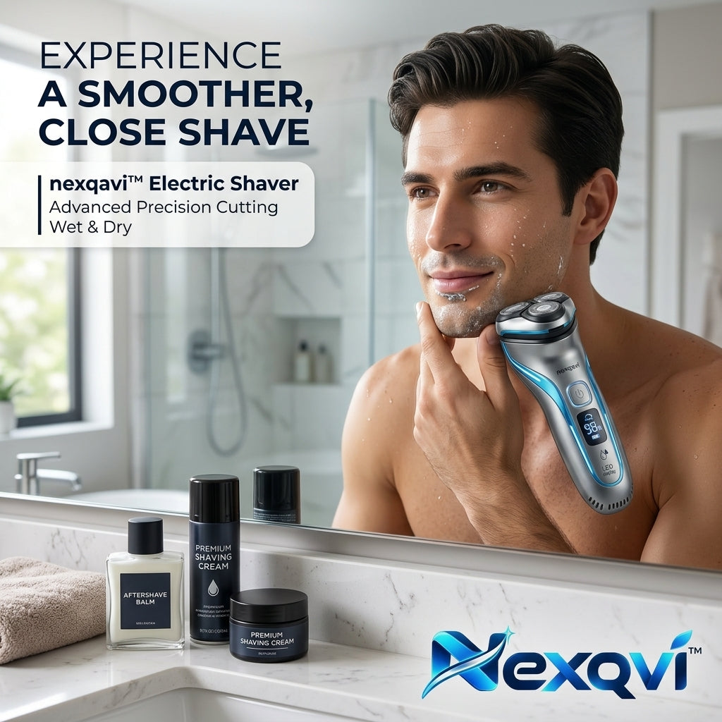 Nexqavi™ Electric Shaver for Men – Wet & Dry Rotary Razor with Nano-Tech Blades, Smart LED Display & Turbo Mode, Cordless Rechargeable Precision Face Beard Shaver