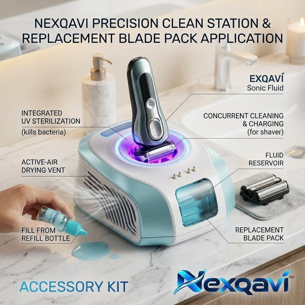 Nexqavi™ Precision Clean Station & Replacement Blade Pack – All-in-One Smart Shaver Cleaning & Charging Dock with UV Sterilizer, Active Drying System, Hyper-Flex Foil, Dual-Precision Blades & Sonic Fluid Accessory Kit