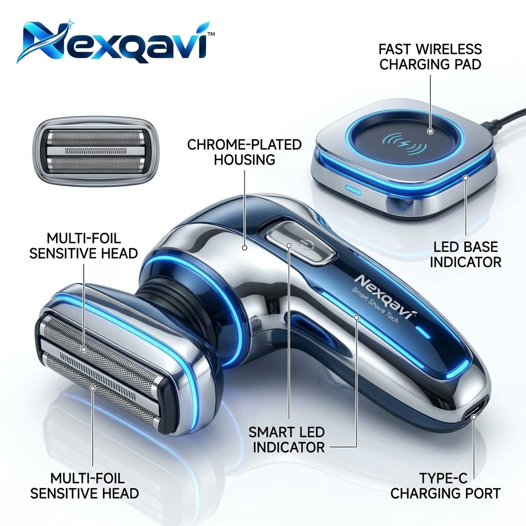 Nexqavi™ Smart Shave Tech Electric Razor for Men – Futuristic Cordless Foil Shaver with Qi Wireless Charging Dock & USB-C, Precision Floating Blades, Neon LED Glow, Wet & Dry Ergonomic Grooming Kit