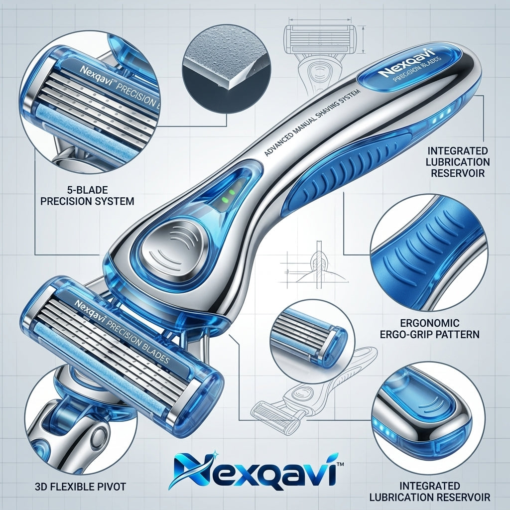 Nexqavi™ Advanced Manual Shaving System – Premium 5-Blade Men’s Razor with Ergonomic Weighted Chrome Handle, Pivoting Contour Head & Moisture Glide Strip for an Ultra-Close, Friction-Free Shave