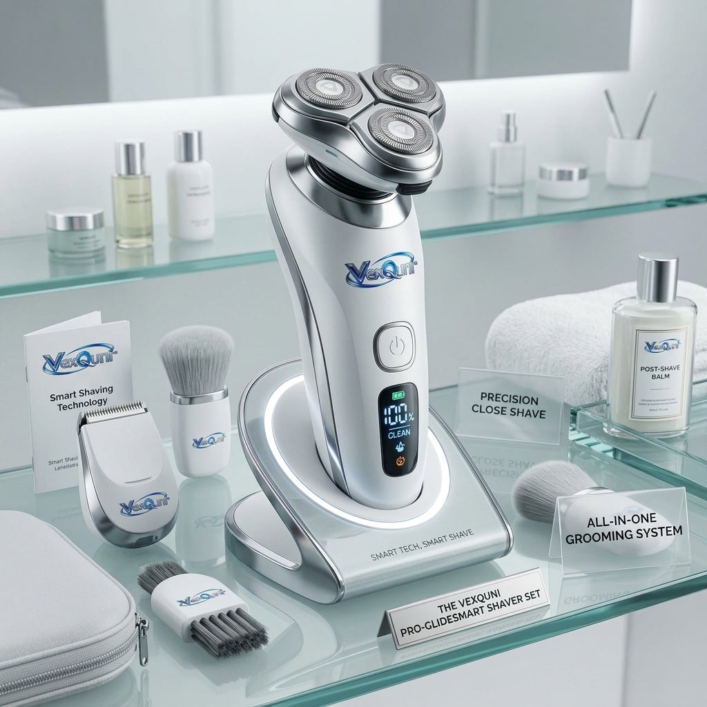 VexQuni™ Pro-GlideSmart Electric Shaver Set – 3D Rotary Razor with Smart LED Display, Illuminated Charging Stand, Precision Trimmer & Travel Case