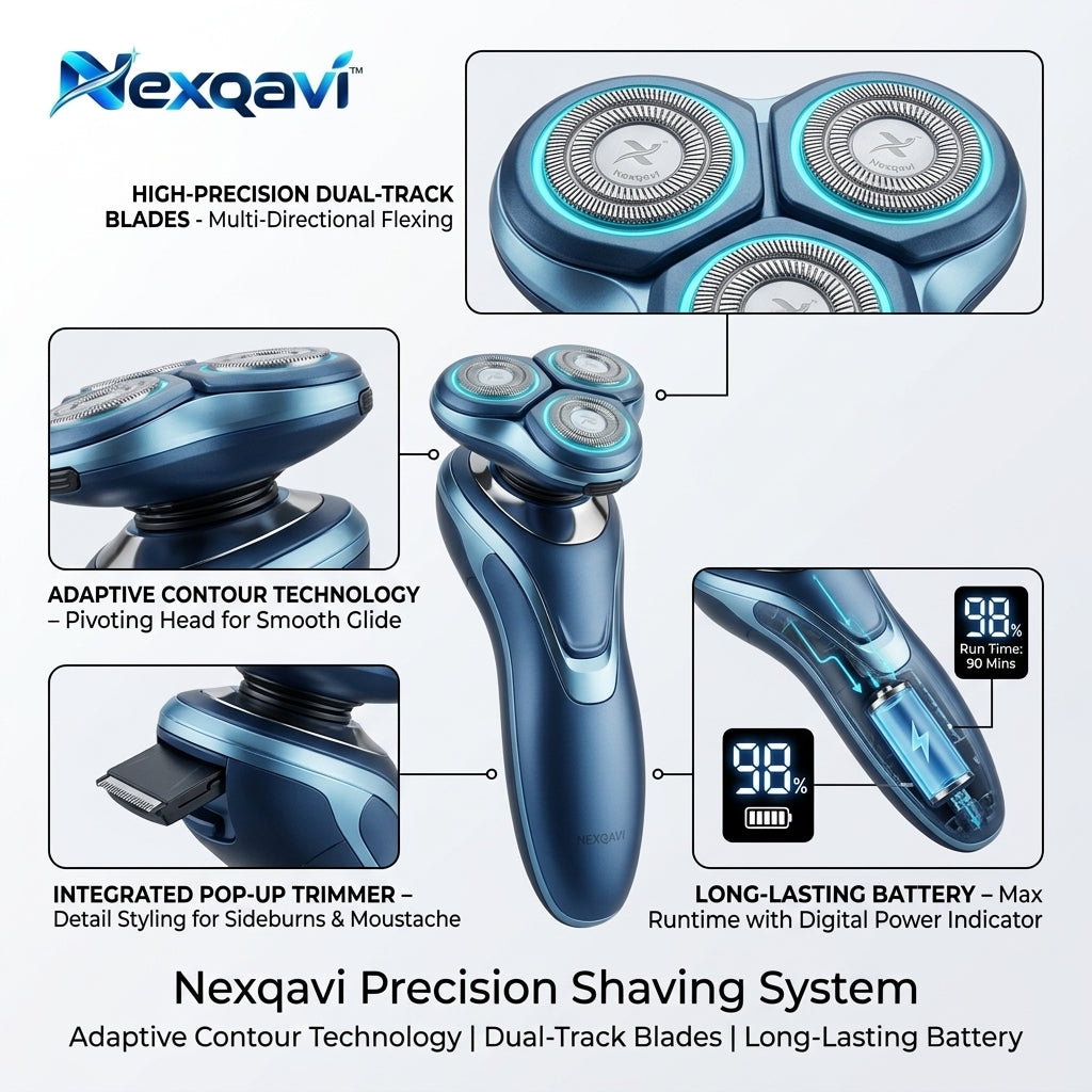 Nexqavi™ Precision Shaving System – 3D Rotary Electric Shaver for Men, Cordless Rechargeable Razor with Adaptive Contour Technology, Dual-Track Blades & Long-Lasting Battery, Ergonomic Grip (Metallic Ocean Blue)
