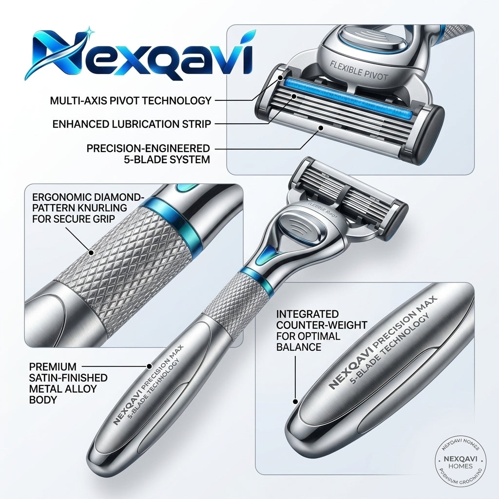 Nexqavi™ Precision Max 5-Blade Men’s Razor – Premium Weighted Metal Handle with Diamond-Knurled Grip & Flexible Pivot Head, Ultra-Close & Smooth Shave for Sensitive Skin
