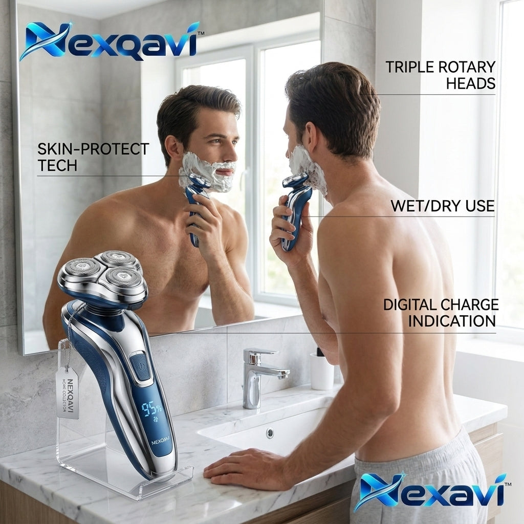Nexqavi™ Electric Shaver for Men – Triple Rotary Head Cordless Razor with Skin-Protect Tech, Wet & Dry Waterproof Grooming, Smart Digital LED Battery Display & Acrylic Stand
