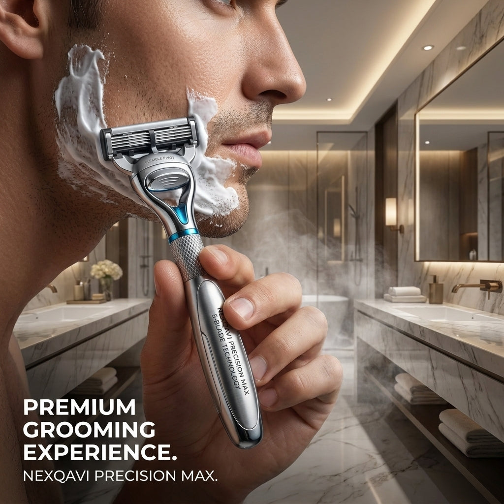 Nexqavi™ Precision Max 5-Blade Men’s Razor – Premium Weighted Metal Handle with Diamond-Knurled Grip & Flexible Pivot Head, Ultra-Close & Smooth Shave for Sensitive Skin