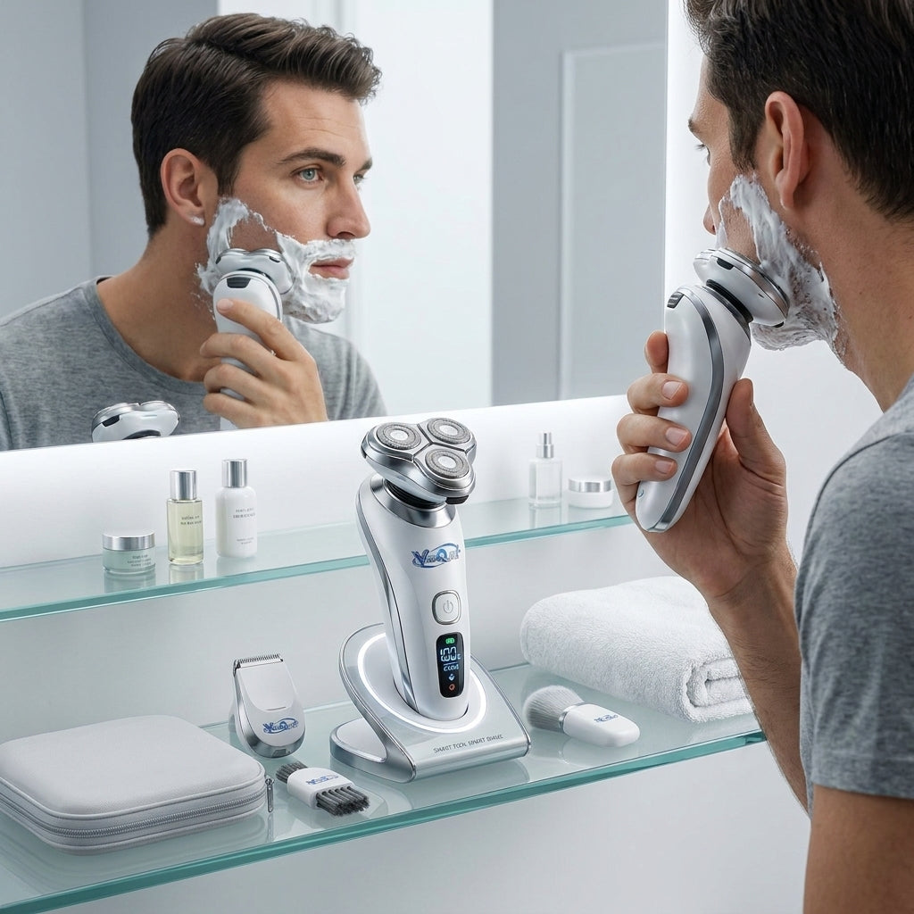VexQuni™ Pro-GlideSmart Electric Shaver Set – 3D Rotary Razor with Smart LED Display, Illuminated Charging Stand, Precision Trimmer & Travel Case