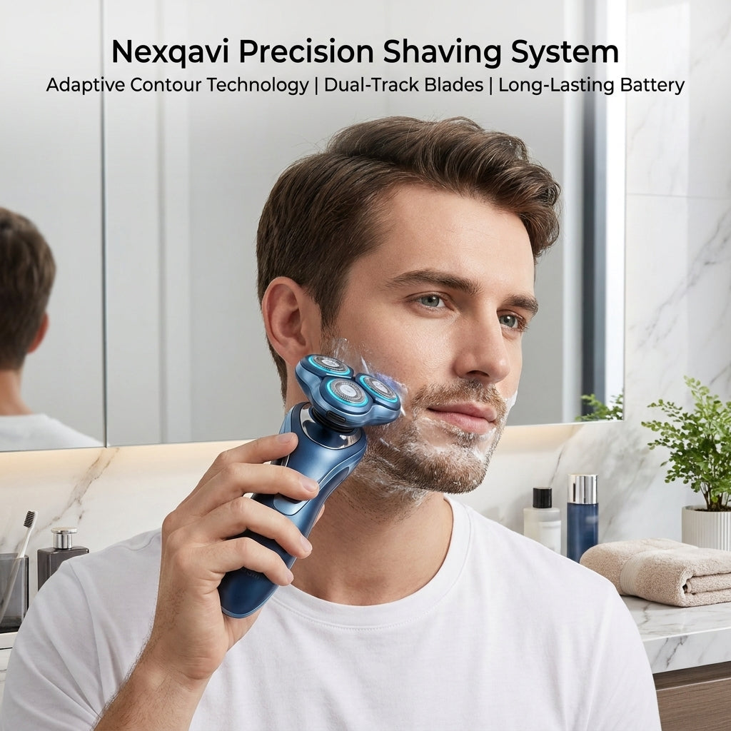 Nexqavi™ Precision Shaving System – 3D Rotary Electric Shaver for Men, Cordless Rechargeable Razor with Adaptive Contour Technology, Dual-Track Blades & Long-Lasting Battery, Ergonomic Grip (Metallic Ocean Blue)