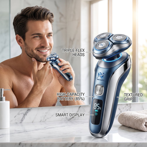 Nexqavi™ Electric Razor for Men, Cordless Rotary Shaver with Triple-Flex Floating Heads, Smart LED Display, Long-Lasting High-Capacity Battery & Ergonomic Textured Grip