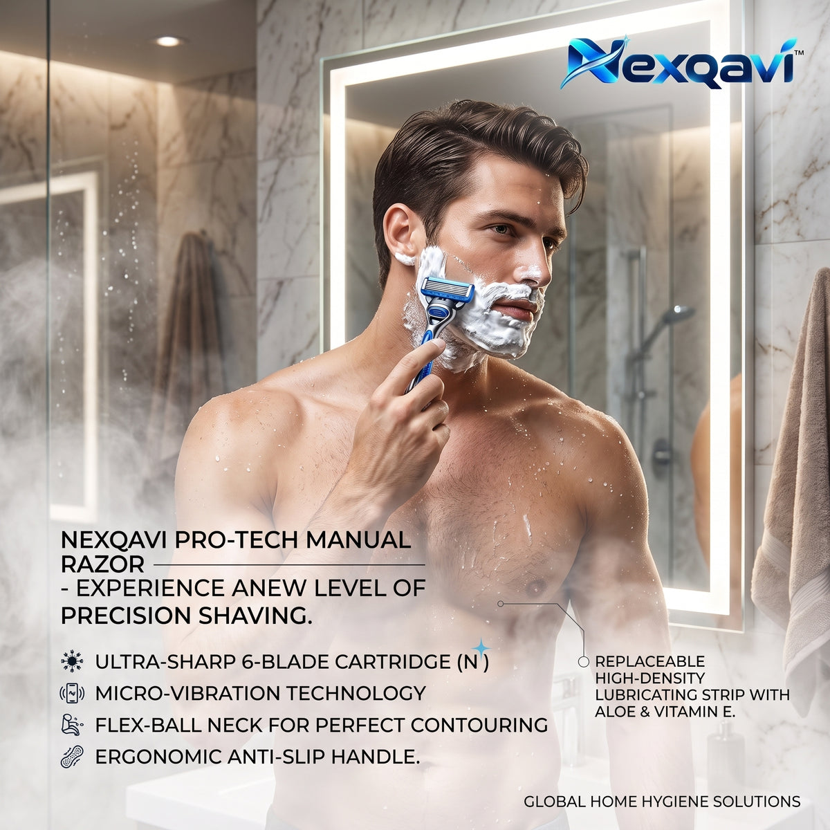 Nexqavi™ Pro-Tech 6-Blade Razor for Men – Advanced Micro-Vibration Precision Shaving System with Flex-Ball Contouring Neck, Aloe & Vitamin E Lubricating Strip, Ergonomic Non-Slip Handle