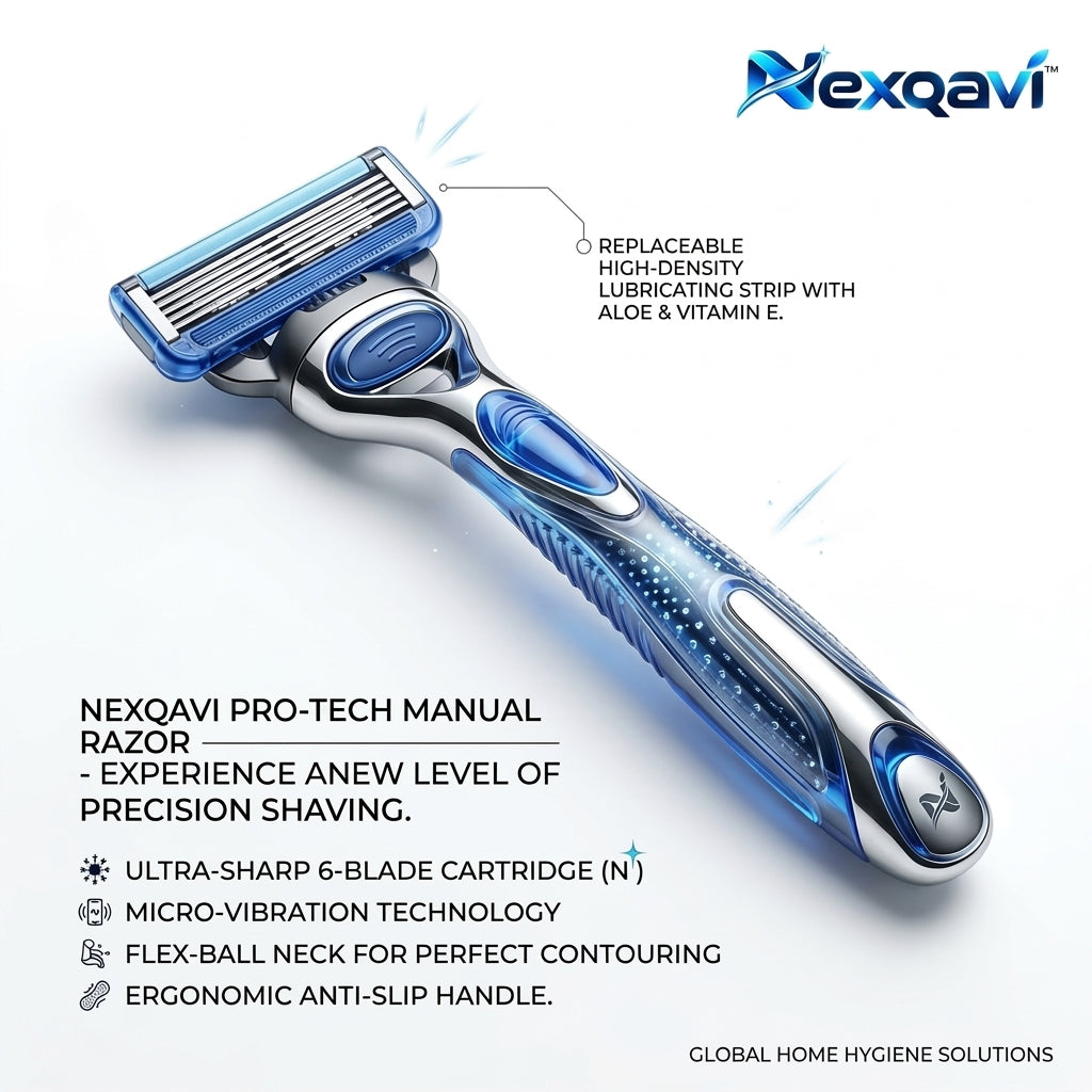 Nexqavi™ Pro-Tech 6-Blade Razor for Men – Advanced Micro-Vibration Precision Shaving System with Flex-Ball Contouring Neck, Aloe & Vitamin E Lubricating Strip, Ergonomic Non-Slip Handle