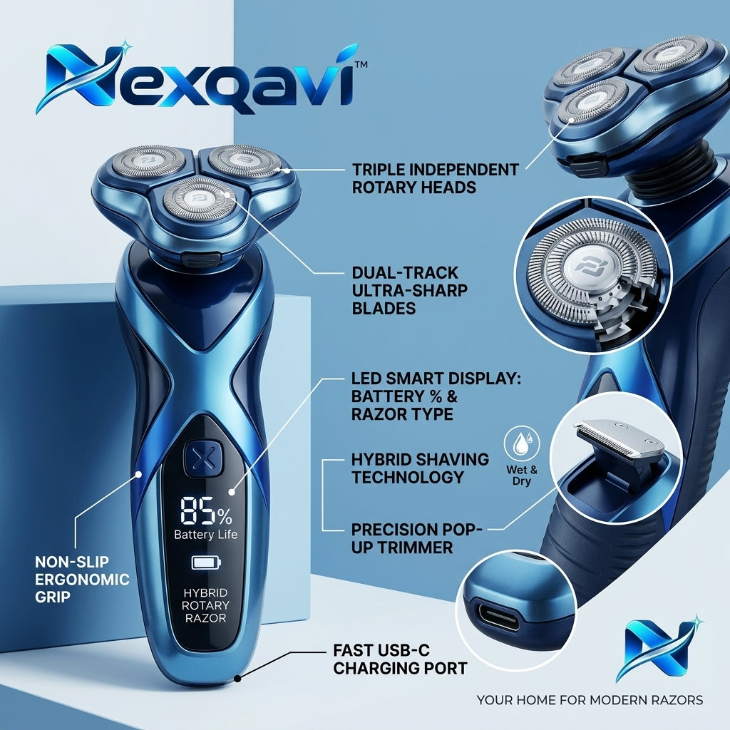 Nexqavi™ Hybrid Rotary Razor for Men – Precision Electric Shaver with 3D Floating Heads, Smart Digital LED Battery Display, USB-C Fast Rechargeable, Wet & Dry Ergonomic Cordless Razor