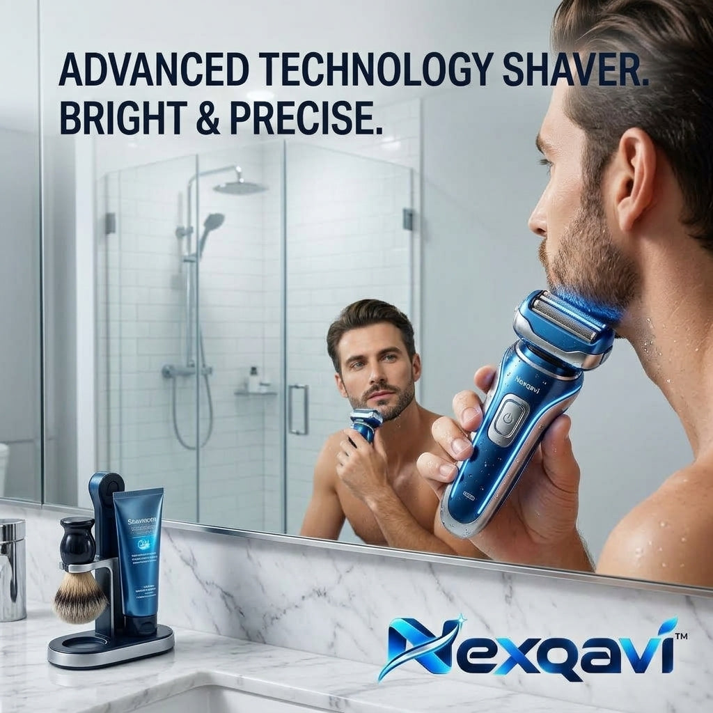 Nexqavi™ Men’s Electric Foil Shaver – 4-Blade Wet & Dry Cordless Razor with Integrated Precision LED Illumination, Flexible Floating Head, IPX7 Waterproof Rechargeable Grooming Kit (Metallic Blue)