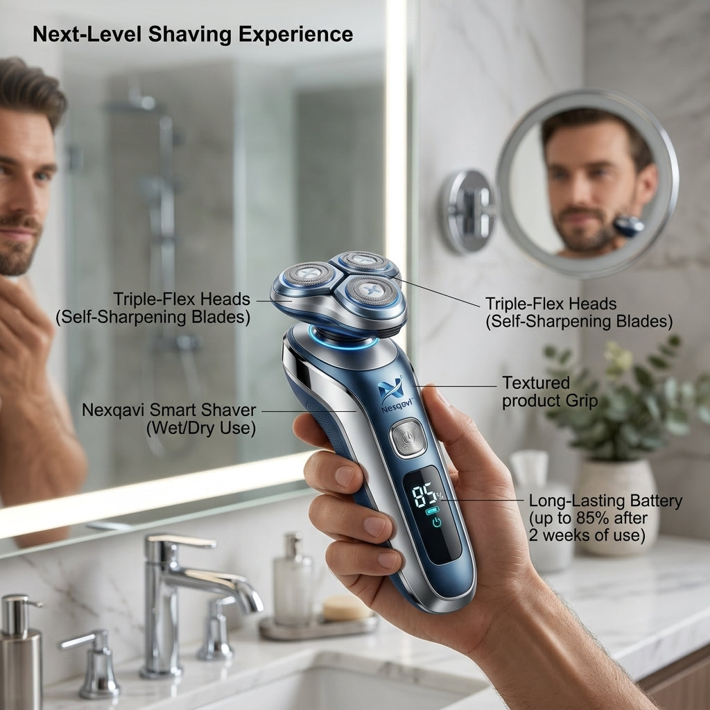Nexqavi™ Electric Razor for Men, Cordless Rotary Shaver with Triple-Flex Floating Heads, Smart LED Display, Long-Lasting High-Capacity Battery & Ergonomic Textured Grip