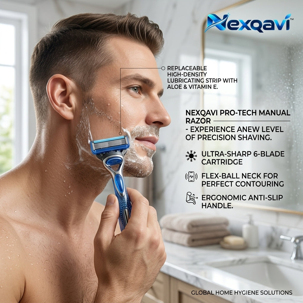 Nexqavi™ Pro-Tech 6-Blade Razor for Men – Advanced Micro-Vibration Precision Shaving System with Flex-Ball Contouring Neck, Aloe & Vitamin E Lubricating Strip, Ergonomic Non-Slip Handle