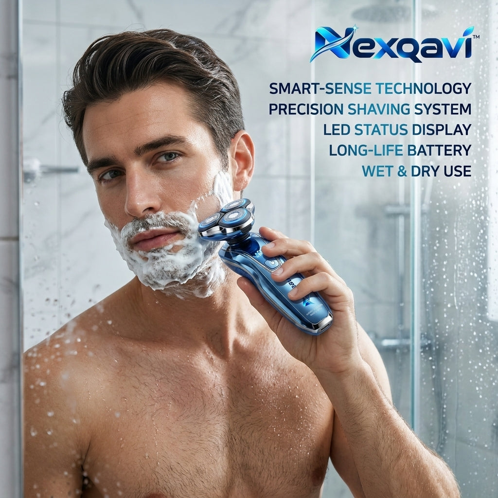 Nexqavi™ Electric Rotary Shaver for Men, Smart-Sense Wet & Dry Cordless Razor with 3D Precision Floating Heads, Smart LED Status Display, Long-Life Battery, Waterproof Electric Beard Shaver