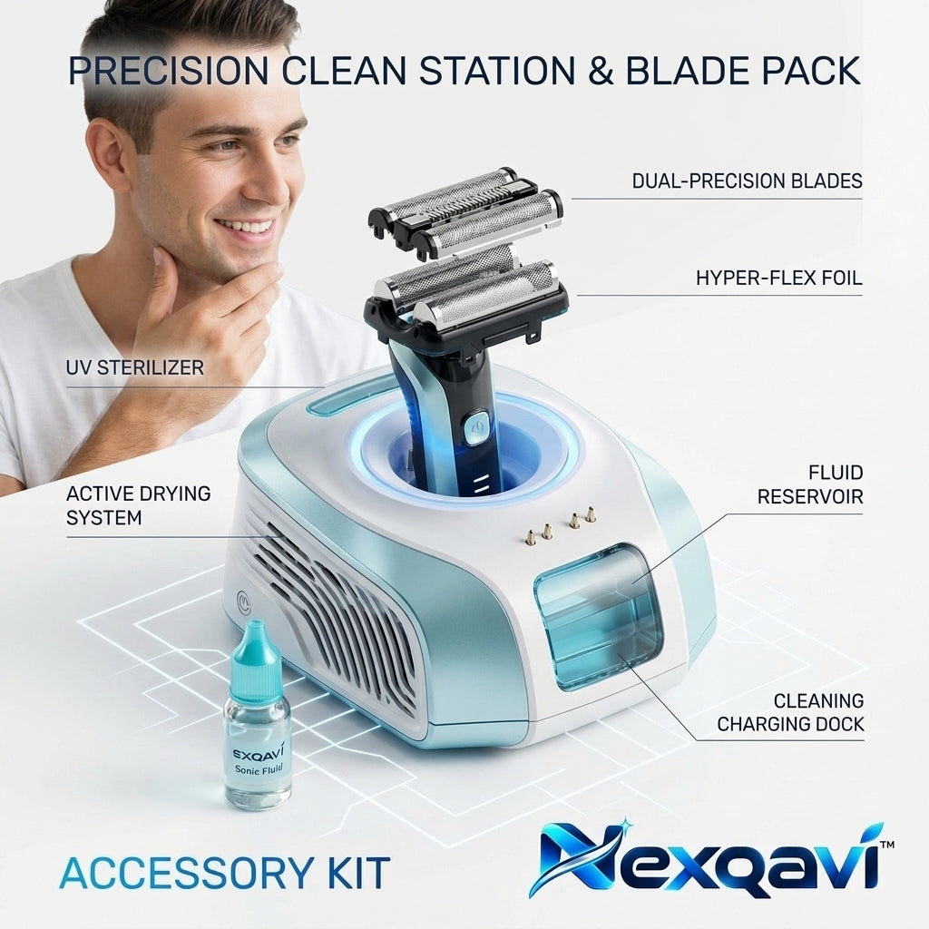 Nexqavi™ Precision Clean Station & Replacement Blade Pack – All-in-One Smart Shaver Cleaning & Charging Dock with UV Sterilizer, Active Drying System, Hyper-Flex Foil, Dual-Precision Blades & Sonic Fluid Accessory Kit