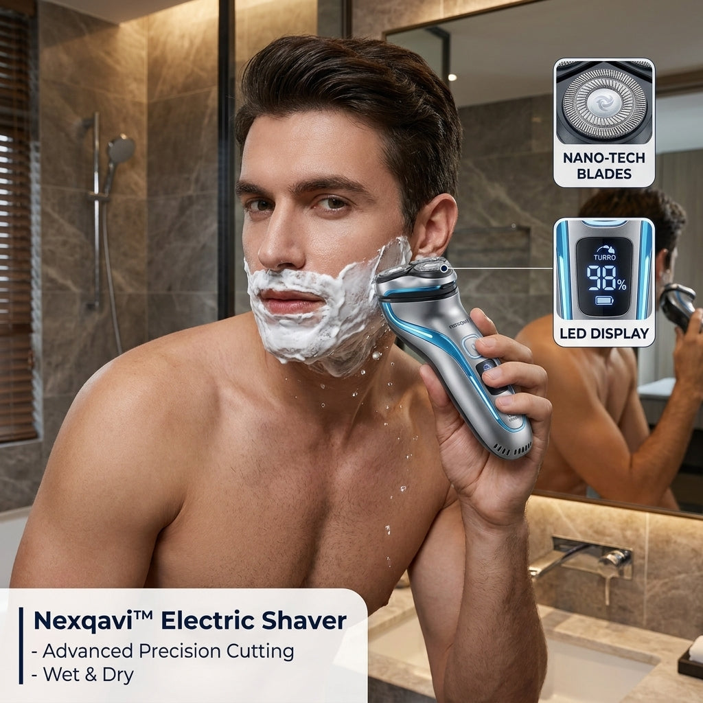 Nexqavi™ Electric Shaver for Men – Wet & Dry Rotary Razor with Nano-Tech Blades, Smart LED Display & Turbo Mode, Cordless Rechargeable Precision Face Beard Shaver