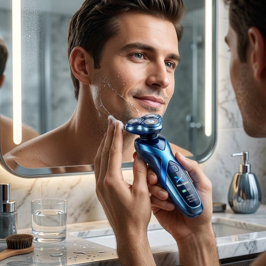 Nexqavi™ Hybrid Rotary Razor for Men – Precision Electric Shaver with 3D Floating Heads, Smart Digital LED Battery Display, USB-C Fast Rechargeable, Wet & Dry Ergonomic Cordless Razor