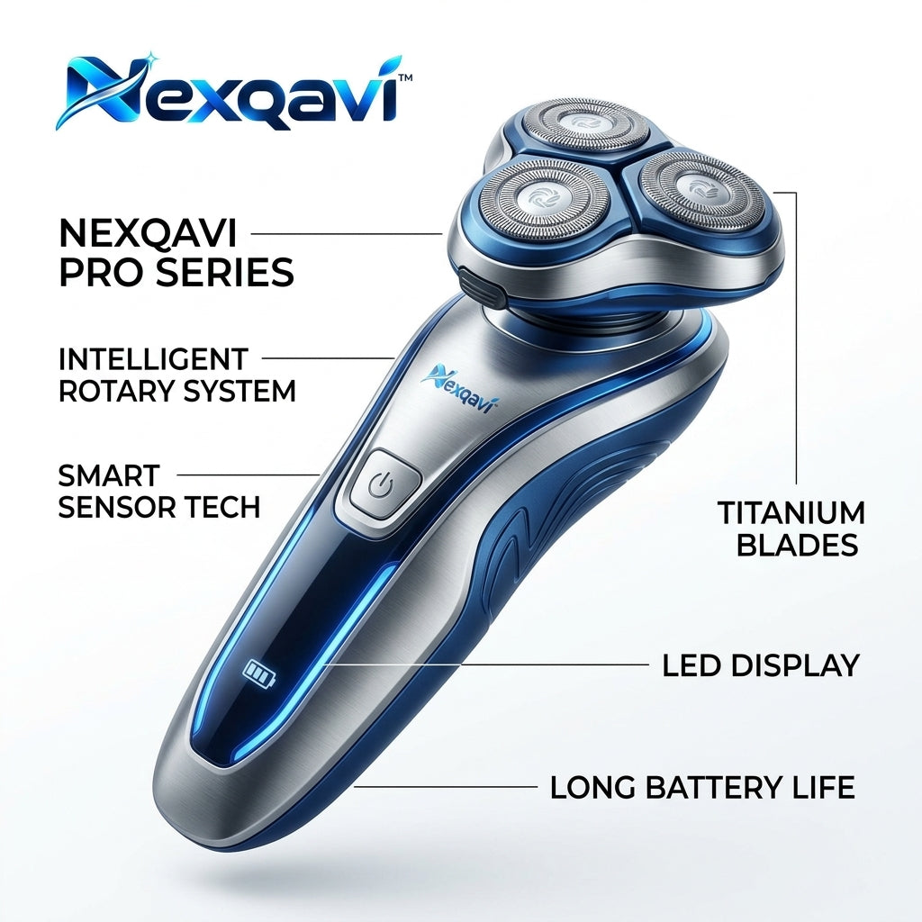Nexqavi™ Pro Series Electric Shaver for Men, 3D Intelligent Rotary Razor with Precision Titanium Blades, Smart Sensor Tech, Cordless Rechargeable Wet & Dry Shaver with LED Display & Long Battery Life