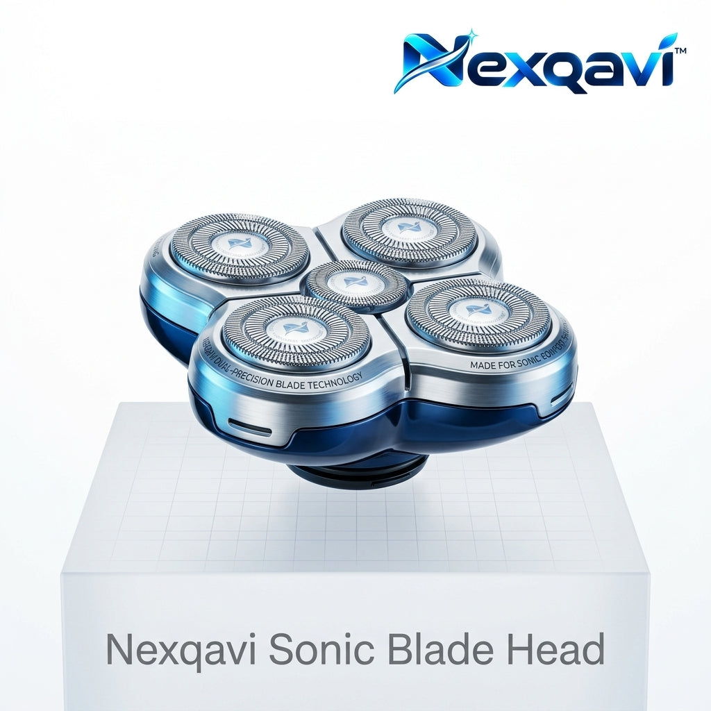 Nexqavi™ 5-Head Rotary Replacement Shaver Head, Dual-Precision Blade Technology & Sonic Comfort Shaving System, Floating Wet & Dry Razor Head for Bald Men & Facial Grooming (Metallic Blue)