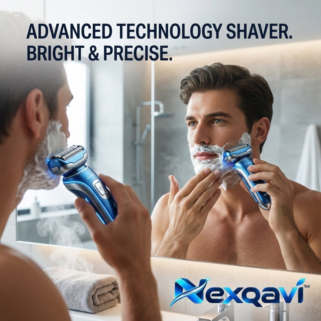 Nexqavi™ Men’s Electric Foil Shaver – 4-Blade Wet & Dry Cordless Razor with Integrated Precision LED Illumination, Flexible Floating Head, IPX7 Waterproof Rechargeable Grooming Kit (Metallic Blue)