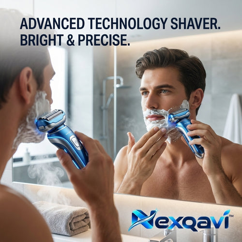Nexqavi™ Men’s Electric Foil Shaver – 4-Blade Wet & Dry Cordless Razor with Integrated Precision LED Illumination, Flexible Floating Head, IPX7 Waterproof Rechargeable Grooming Kit (Metallic Blue)