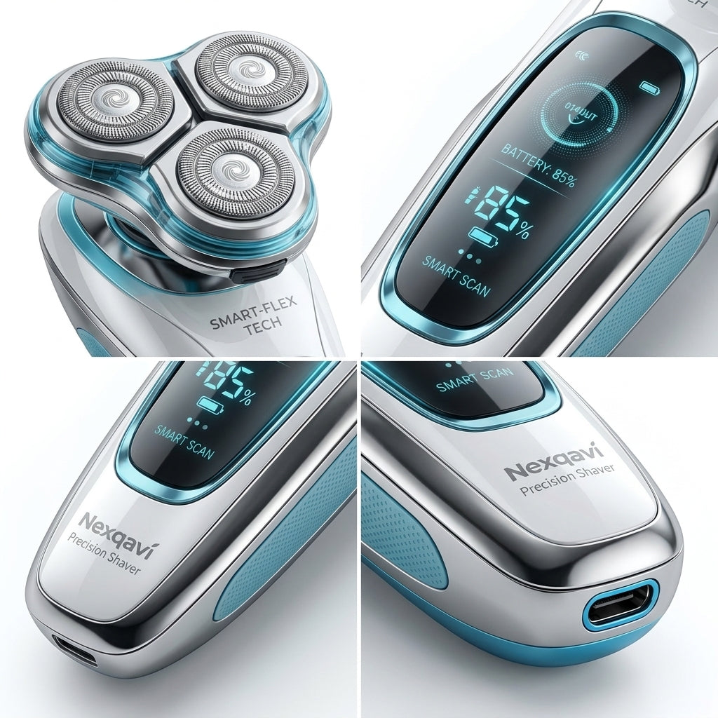 Nexqavi™ Precision Shaver for Men – Wet & Dry Electric Rotary Razor with Smart-Flex Tech, Smart Scan LED Display, Cordless USB-C Rechargeable Grooming Kit for a Close, Smooth Shave