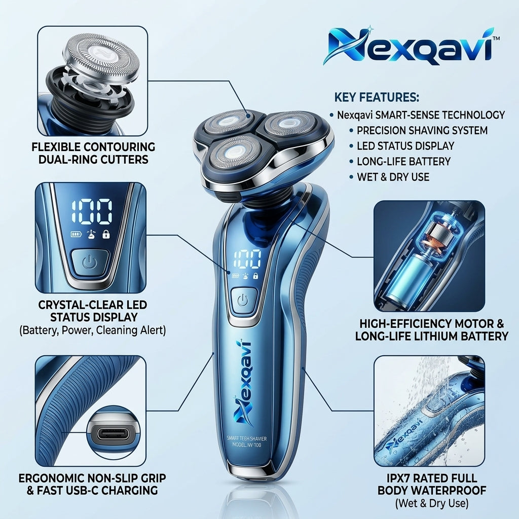 Nexqavi™ Electric Rotary Shaver for Men, Smart-Sense Wet & Dry Cordless Razor with 3D Precision Floating Heads, Smart LED Status Display, Long-Life Battery, Waterproof Electric Beard Shaver