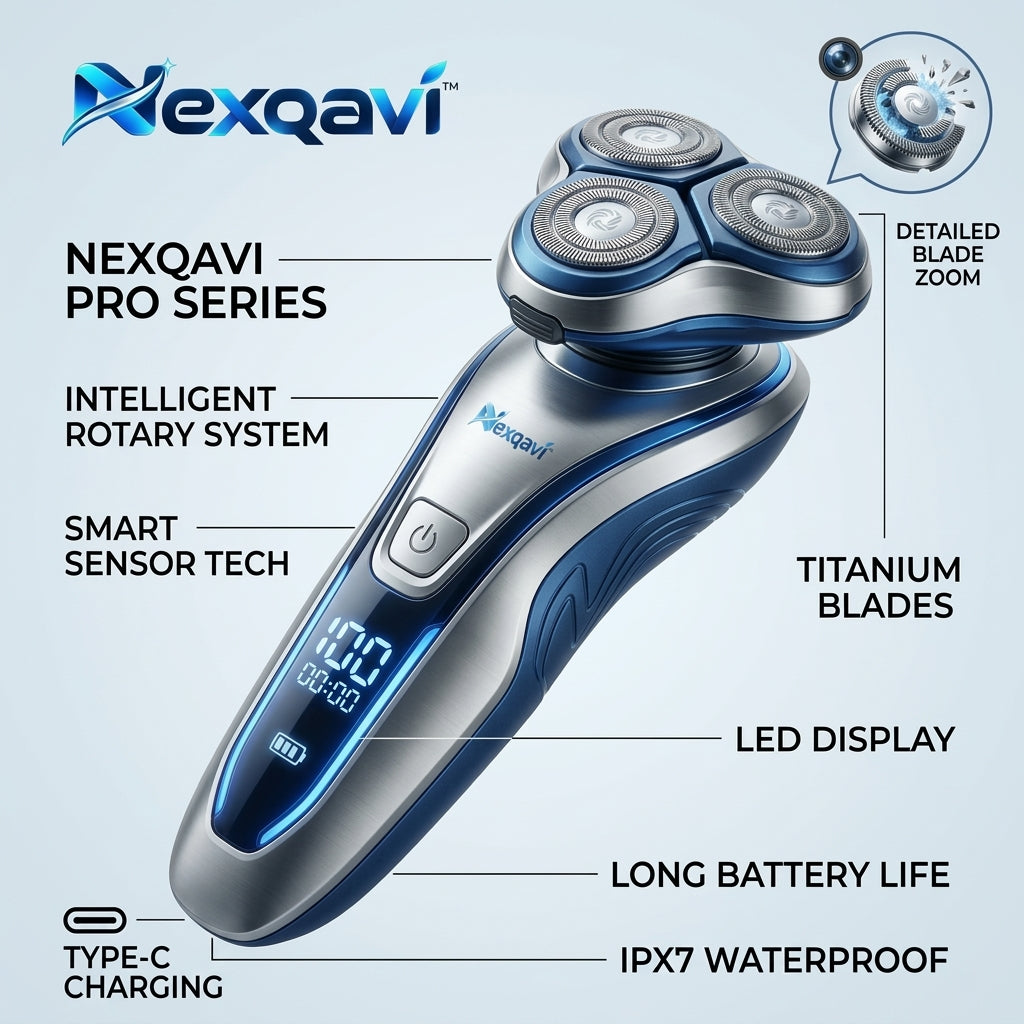 Nexqavi™ Pro Series Electric Shaver for Men, 3D Intelligent Rotary Razor with Precision Titanium Blades, Smart Sensor Tech, Cordless Rechargeable Wet & Dry Shaver with LED Display & Long Battery Life