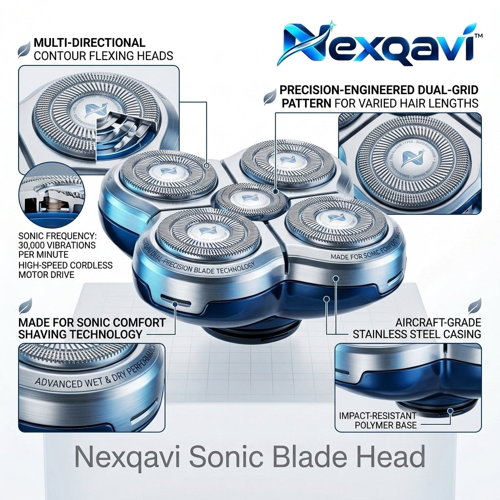 Nexqavi™ 5-Head Rotary Replacement Shaver Head, Dual-Precision Blade Technology & Sonic Comfort Shaving System, Floating Wet & Dry Razor Head for Bald Men & Facial Grooming (Metallic Blue)