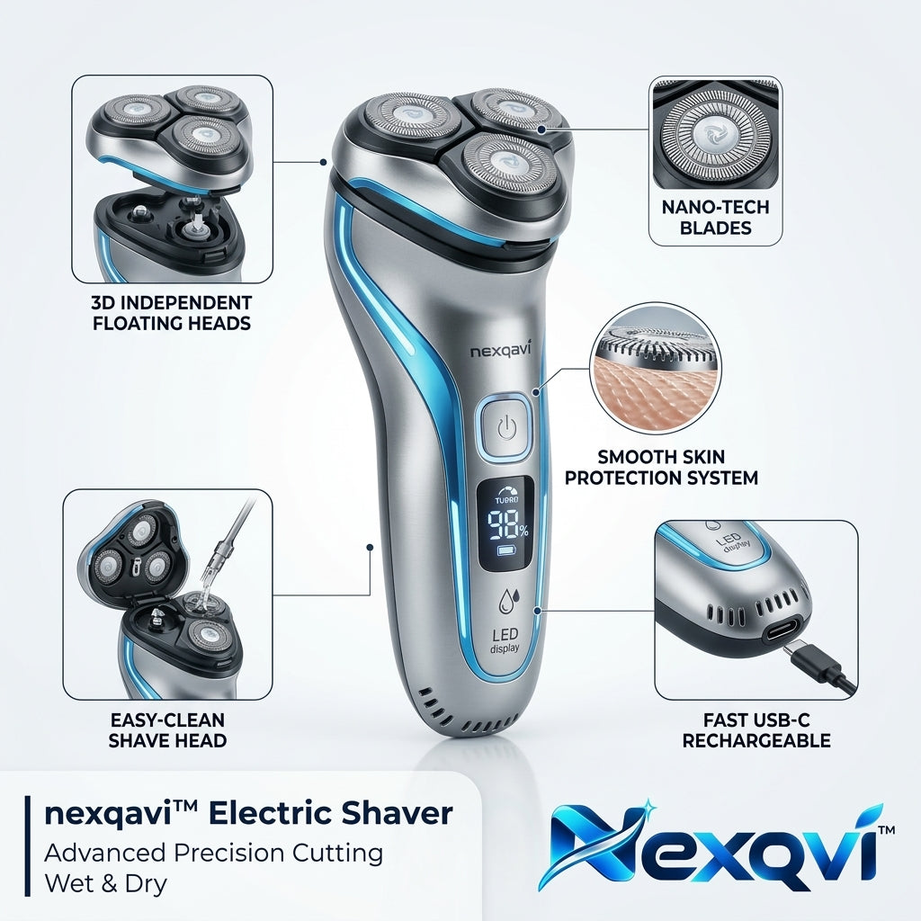 Nexqavi™ Electric Shaver for Men – Wet & Dry Rotary Razor with Nano-Tech Blades, Smart LED Display & Turbo Mode, Cordless Rechargeable Precision Face Beard Shaver