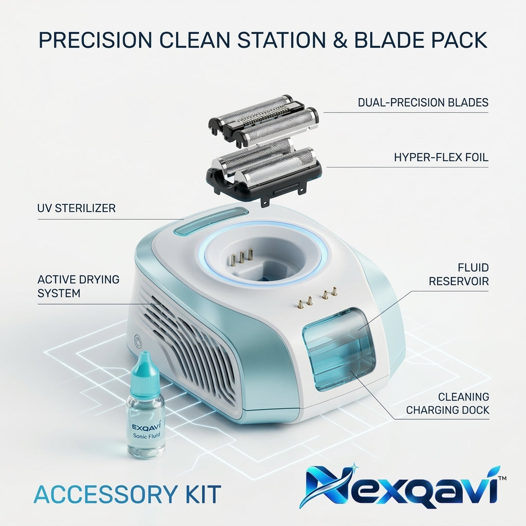 Nexqavi™ Precision Clean Station & Replacement Blade Pack – All-in-One Smart Shaver Cleaning & Charging Dock with UV Sterilizer, Active Drying System, Hyper-Flex Foil, Dual-Precision Blades & Sonic Fluid Accessory Kit