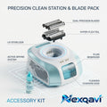 Nexqavi™ Precision Clean Station & Replacement Blade Pack – All-in-One Smart Shaver Cleaning & Charging Dock with UV Sterilizer, Active Drying System, Hyper-Flex Foil, Dual-Precision Blades & Sonic Fluid Accessory Kit