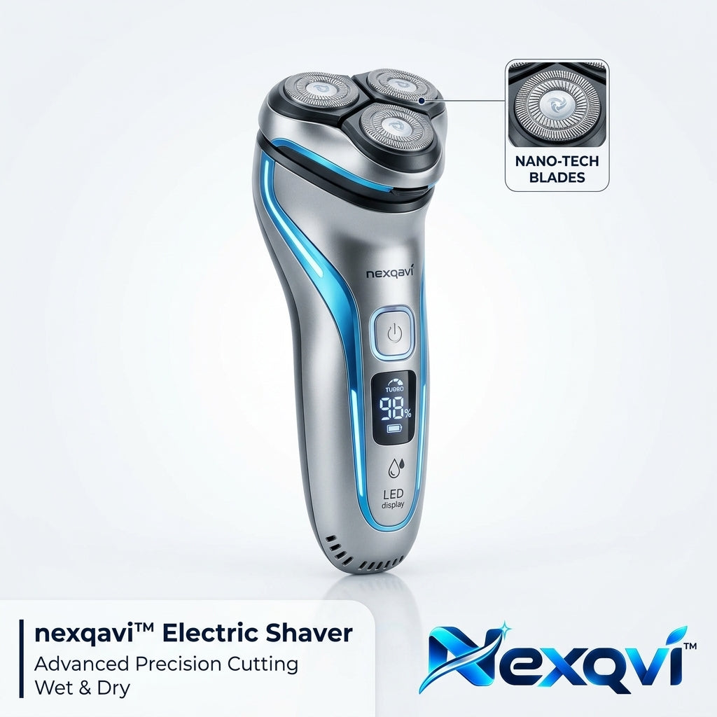 Nexqavi™ Electric Shaver for Men – Wet & Dry Rotary Razor with Nano-Tech Blades, Smart LED Display & Turbo Mode, Cordless Rechargeable Precision Face Beard Shaver