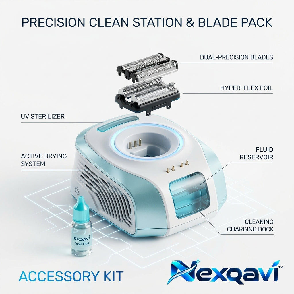 Nexqavi™ Precision Clean Station & Replacement Blade Pack – All-in-One Smart Shaver Cleaning & Charging Dock with UV Sterilizer, Active Drying System, Hyper-Flex Foil, Dual-Precision Blades & Sonic Fluid Accessory Kit