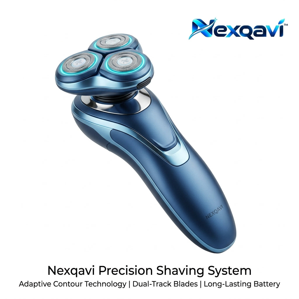 Nexqavi™ Precision Shaving System – 3D Rotary Electric Shaver for Men, Cordless Rechargeable Razor with Adaptive Contour Technology, Dual-Track Blades & Long-Lasting Battery, Ergonomic Grip (Metallic Ocean Blue)