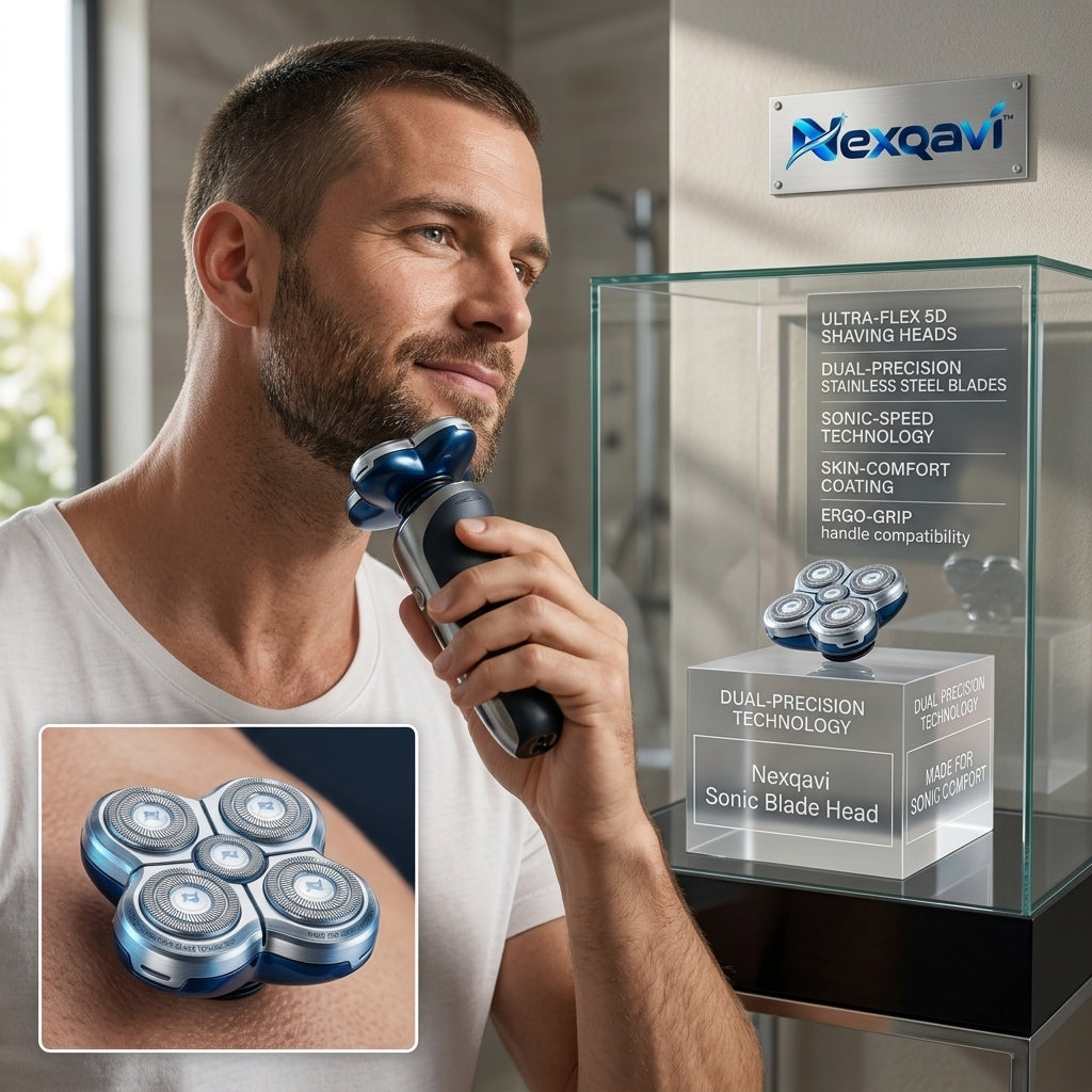 Nexqavi™ 5-Head Rotary Replacement Shaver Head, Dual-Precision Blade Technology & Sonic Comfort Shaving System, Floating Wet & Dry Razor Head for Bald Men & Facial Grooming (Metallic Blue)