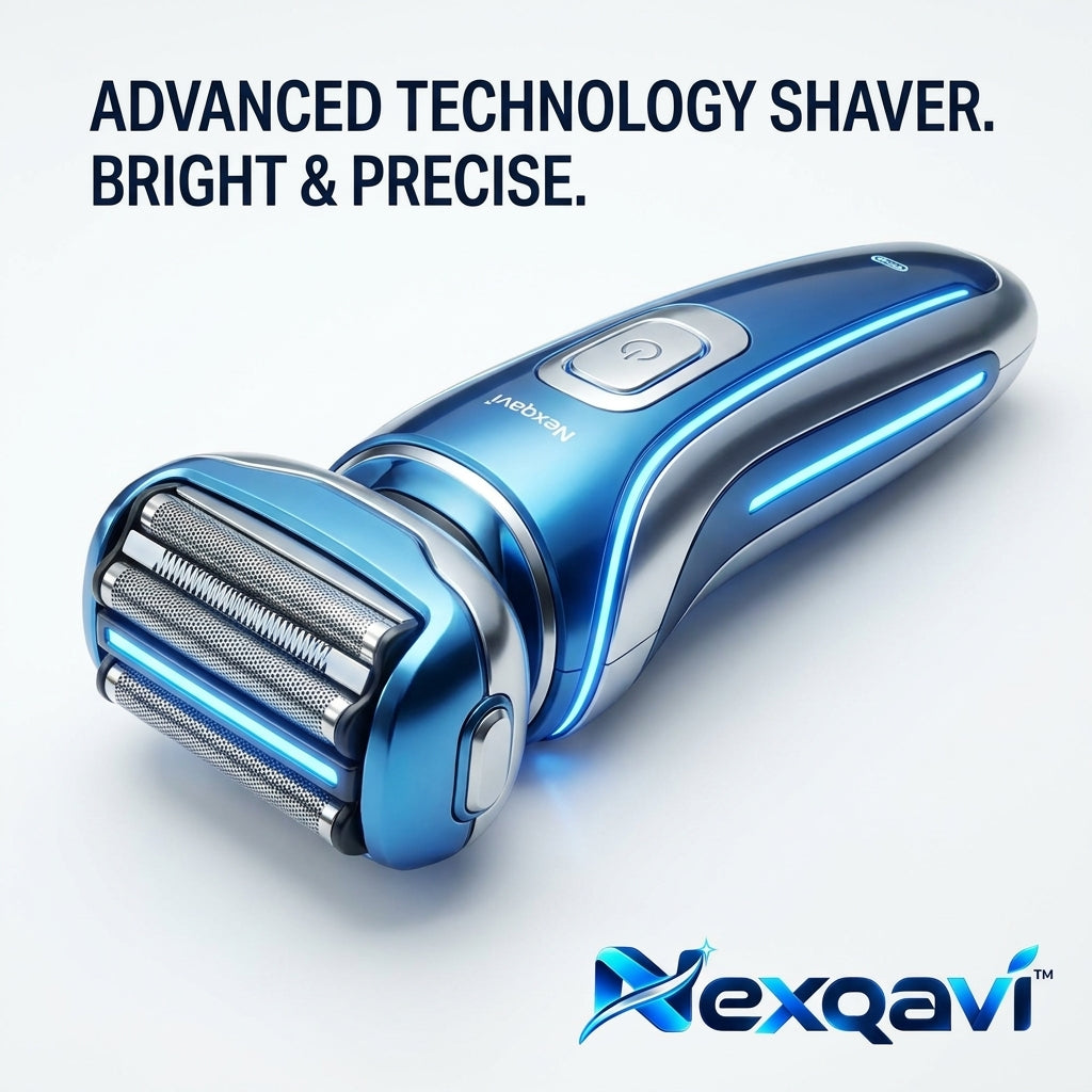 Nexqavi™ Men’s Electric Foil Shaver – 4-Blade Wet & Dry Cordless Razor with Integrated Precision LED Illumination, Flexible Floating Head, IPX7 Waterproof Rechargeable Grooming Kit (Metallic Blue)