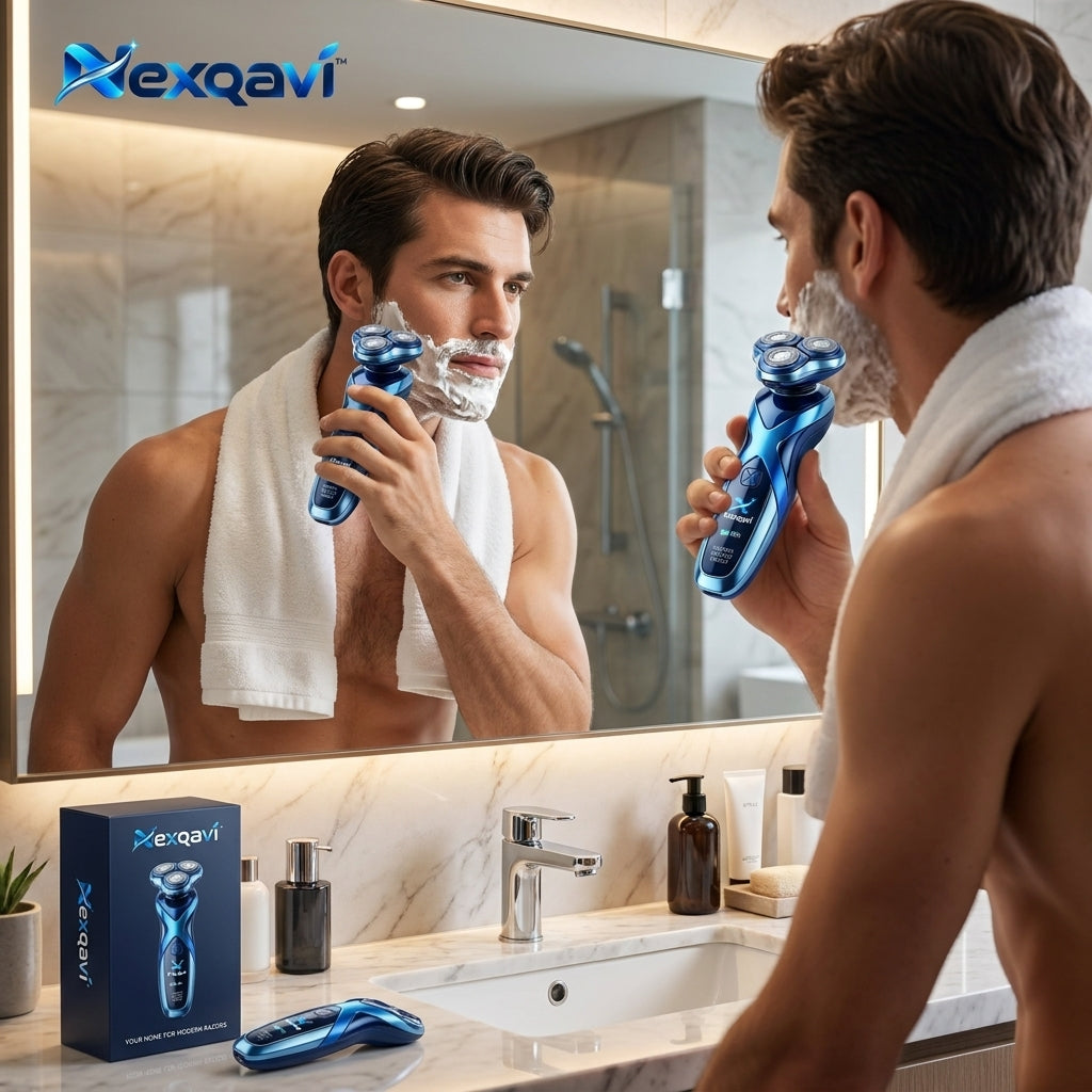 Nexqavi™ Hybrid Rotary Razor for Men – Precision Electric Shaver with 3D Floating Heads, Smart Digital LED Battery Display, USB-C Fast Rechargeable, Wet & Dry Ergonomic Cordless Razor