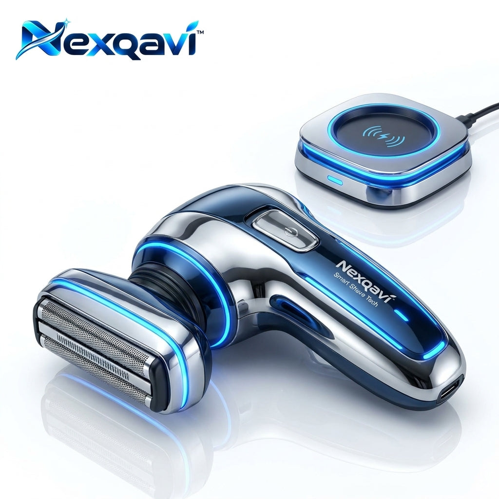 Nexqavi™ Smart Shave Tech Electric Razor for Men – Futuristic Cordless Foil Shaver with Qi Wireless Charging Dock & USB-C, Precision Floating Blades, Neon LED Glow, Wet & Dry Ergonomic Grooming Kit