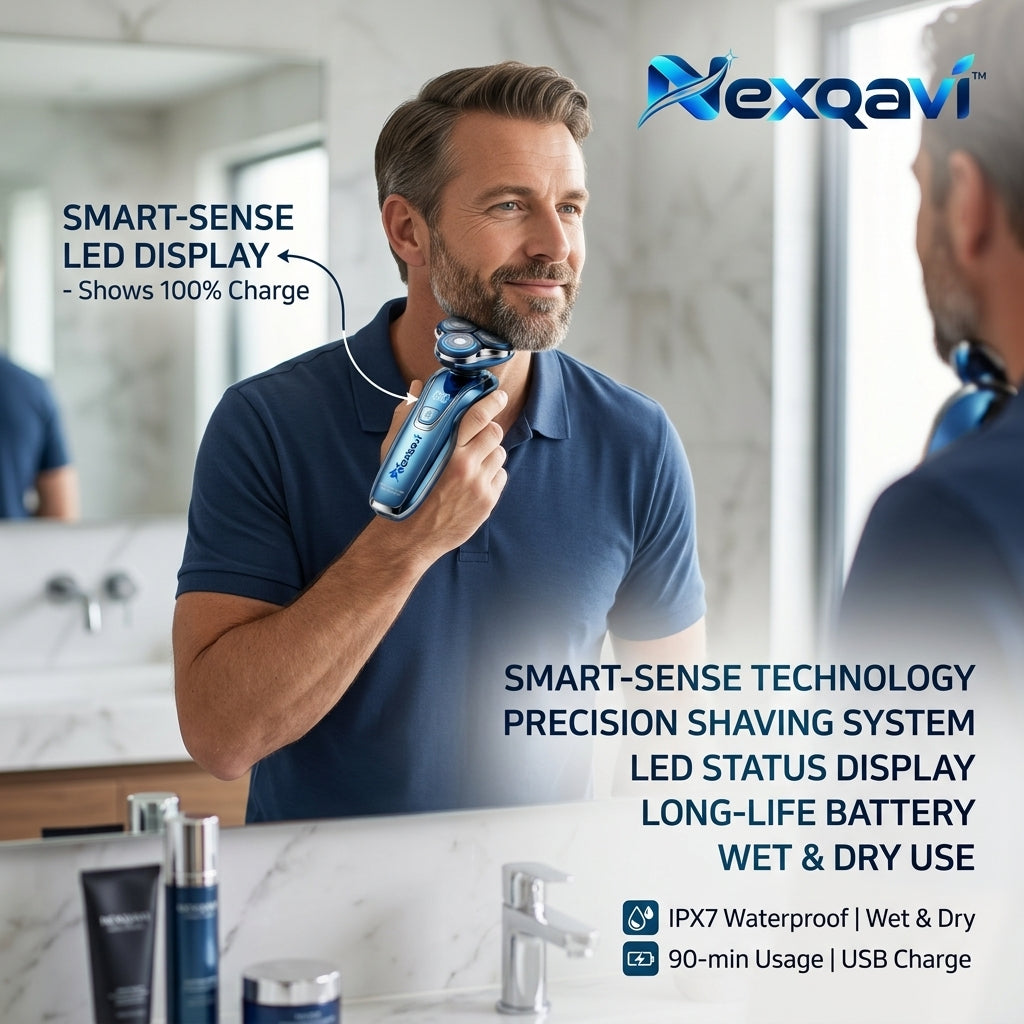 Nexqavi™ Electric Rotary Shaver for Men, Smart-Sense Wet & Dry Cordless Razor with 3D Precision Floating Heads, Smart LED Status Display, Long-Life Battery, Waterproof Electric Beard Shaver