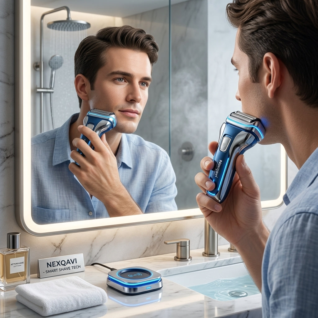 Nexqavi™ Smart Shave Tech Electric Razor for Men – Futuristic Cordless Foil Shaver with Qi Wireless Charging Dock & USB-C, Precision Floating Blades, Neon LED Glow, Wet & Dry Ergonomic Grooming Kit