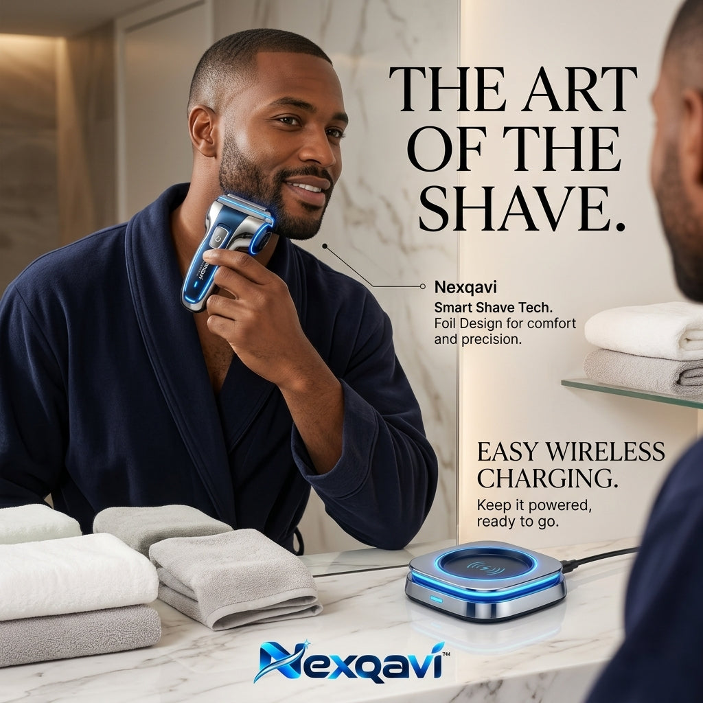 Nexqavi™ Smart Shave Tech Electric Razor for Men – Futuristic Cordless Foil Shaver with Qi Wireless Charging Dock & USB-C, Precision Floating Blades, Neon LED Glow, Wet & Dry Ergonomic Grooming Kit