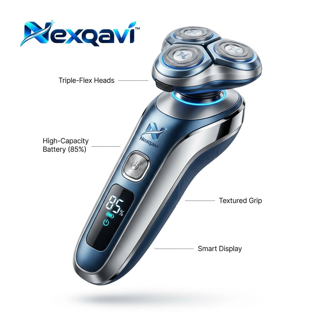 Nexqavi™ Electric Razor for Men, Cordless Rotary Shaver with Triple-Flex Floating Heads, Smart LED Display, Long-Lasting High-Capacity Battery & Ergonomic Textured Grip