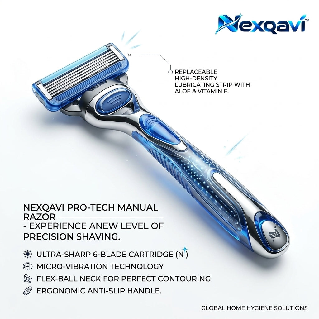 Nexqavi™ Pro-Tech 6-Blade Razor for Men – Advanced Micro-Vibration Precision Shaving System with Flex-Ball Contouring Neck, Aloe & Vitamin E Lubricating Strip, Ergonomic Non-Slip Handle