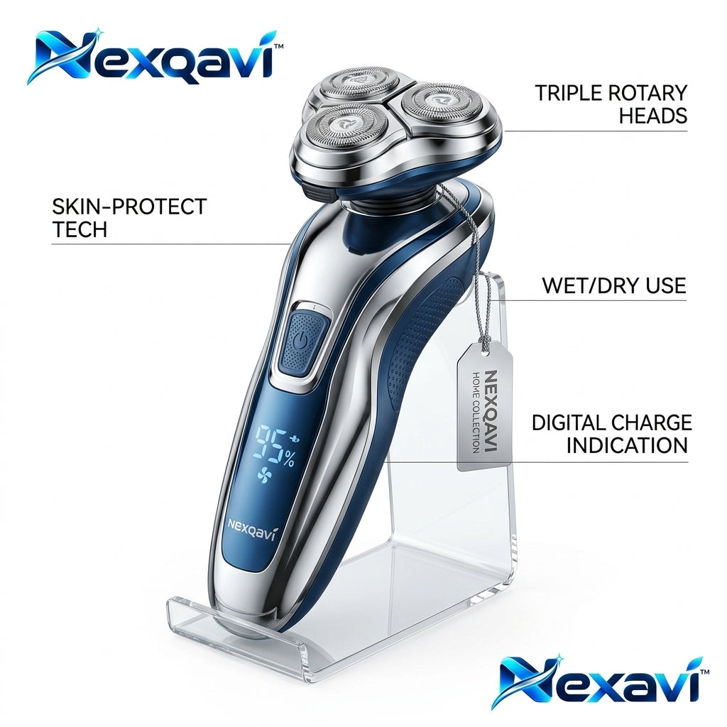Nexqavi™ Electric Shaver for Men – Triple Rotary Head Cordless Razor with Skin-Protect Tech, Wet & Dry Waterproof Grooming, Smart Digital LED Battery Display & Acrylic Stand