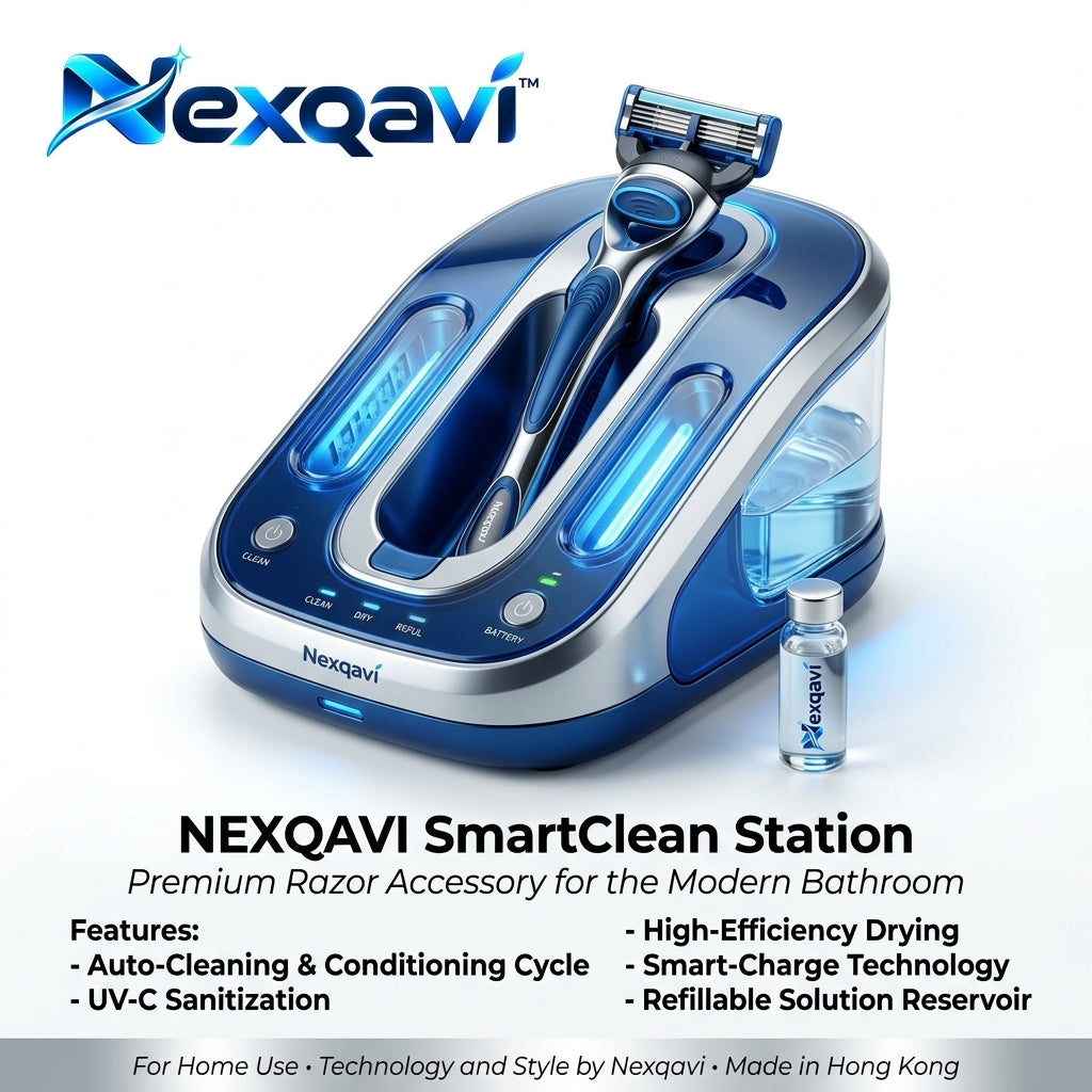 Nexqavi™ SmartClean Station – All-in-One Razor Sanitizer, Auto-Cleaning & Quick Drying Dock with UV-C Sterilization, Refillable Reservoir & Smart-Charge Technology for Modern Shaving Razors